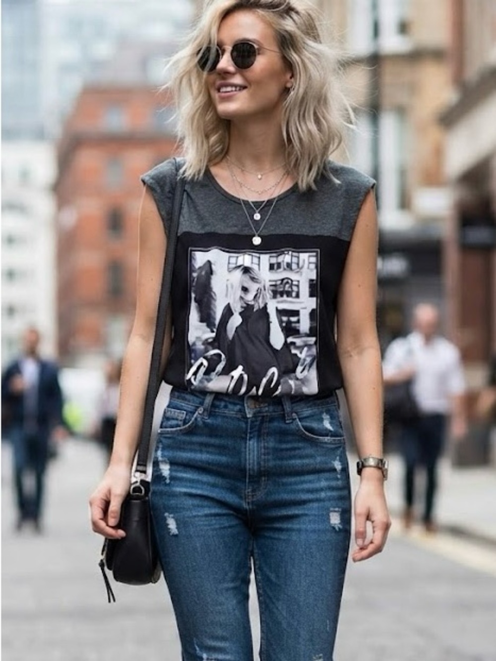 Suzy Shier "Rock" Graphic Tee Grey Black Mixed-Media Top Edgy Moto Muscle Top